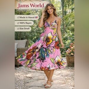 Jams World Pink Floral Midi Dress Small Hawaii Rayon Spaghetti Strap